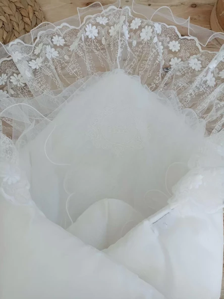 Yenidoğan Gelinlik Duvaklı Trilüks Kundak Bebek Battaniyesi Ekru - Resim 2