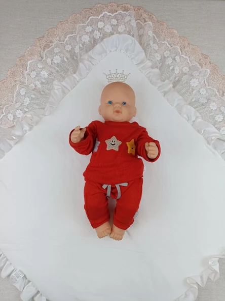 Yenidoğan Sahra Taç Nakışlı Trilüks Kundak Bebek Battaniyesi Ekru - Resim 2