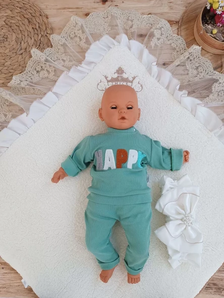 Yenidoğan Wool Yün Kumaş Taç Nakışlı Güpür Duvaklı Fiyonk Prizma Taş Unisex Kundak Bebek Battaniyesi Kahverengi - Resim 4