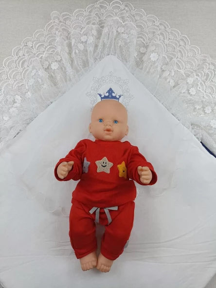 Yenidoğan Saray Kadife Taç Nakışlı İnci Fiyonklu Çift Dantel Duvak Trilüks Kundak Bebek Battaniyesi Lacivert - Resim 5