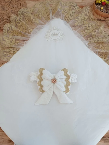 Yenidoğan Pamuk Taç Benim Prensesim Nakışlı Trilüks Kundak Bebek Battaniyesi Ekru - Resim 3