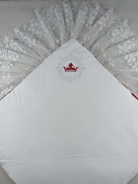 Yenidoğan Saray Kadife Taç Nakışlı İnci Fiyonklu Dantel Duvak Trilüks Kundak Bebek Battaniye Bordo - Resim 5