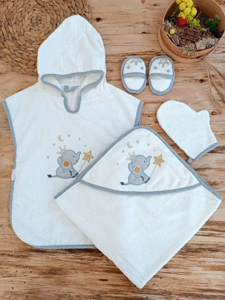 0-1 Yaş Sevimli Fil Nakışlı Pareolu 4lü Kız Erkek Bebek Havlu Silgi Takımı Ekru ürün görseli