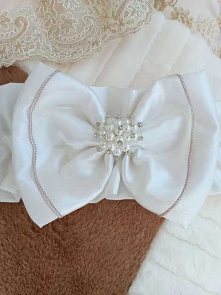 Yenidoğan Wool Yün Kumaş Taç Nakışlı Güpür Duvaklı Fiyonk Prizma Taş Unisex Kundak Bebek Battaniyesi Kahverengi - Resim 6