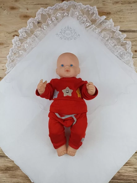 Yenidoğan Pırıltı Taç Nakışlı İnci Delüks Kundak Bebek Battaniyesi Ekru - Resim 4