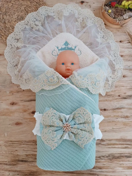 Yenidoğan Kuzulu Taç Nakış Güpürlü Fiyonklu Duvaklı Prizma Taş Unisex Kundak Bebek Battaniyesi Su Yeşili - Resim 2
