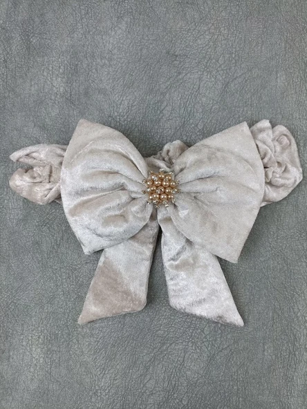 Yenidoğan Saray Kadife Taç Nakışlı İnci Fiyonklu Çift Dantel Duvak Trilüks Kundak Bebek Battaniyesi Vizon-ekru - Resim 5