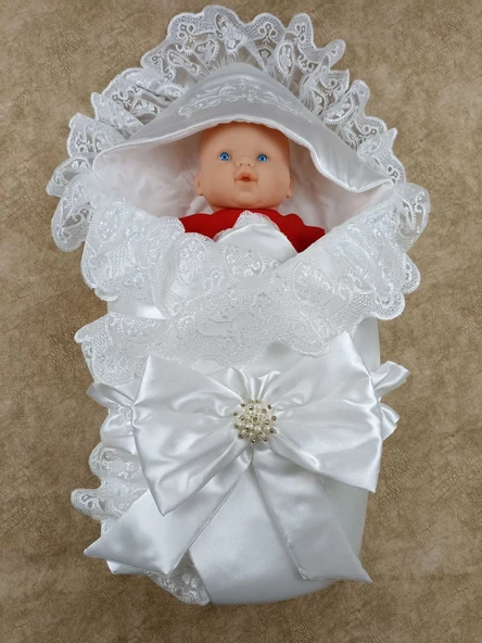 Yenidoğan Pırıltı Nakış Detaylı Lüks Kundak Bebek Battaniyesi Ekru - Resim 2