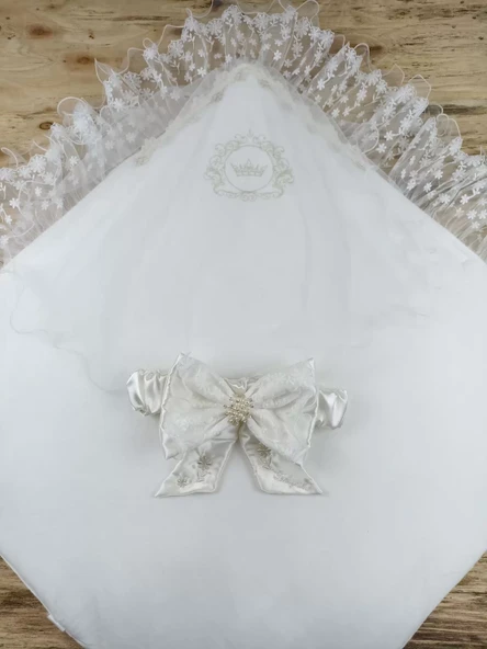 Yenidoğan İpek Venüs Taç Nakışlı Delüks Kundak Bebek Battaniyesi Ekru - Resim 3