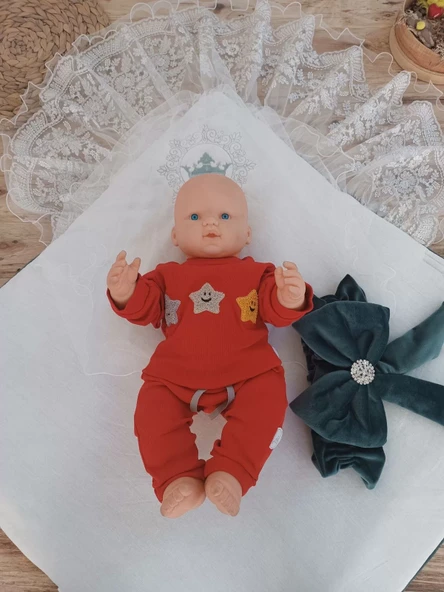 Yenidoğan Saray Kadife Taç Nakışlı İnci Fiyonklu Dantel Duvak Trilüks Kundak Bebek Battaniye Yeşil - Resim 3