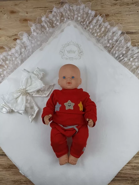 Yenidoğan İpek Venüs Taç Nakışlı Delüks Kundak Bebek Battaniyesi Ekru - Resim 4