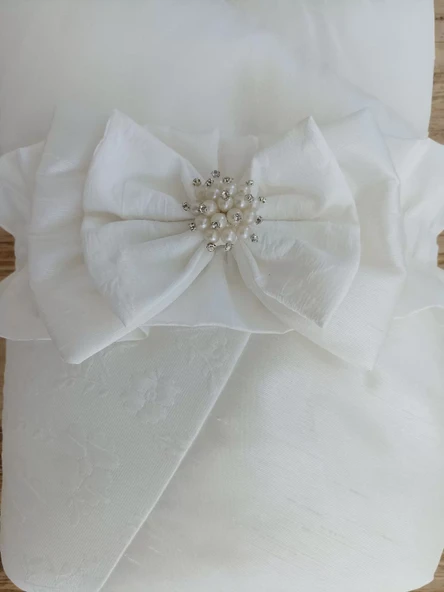 Yenidoğan Gelinlik Duvaklı Trilüks Kundak Bebek Battaniyesi Ekru - Resim 3