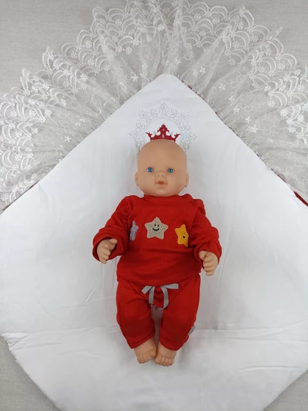 Yenidoğan Saray Kadife Taç Nakışlı İnci Fiyonklu Dantel Duvak Trilüks Kundak Bebek Battaniye Bordo - Resim 4