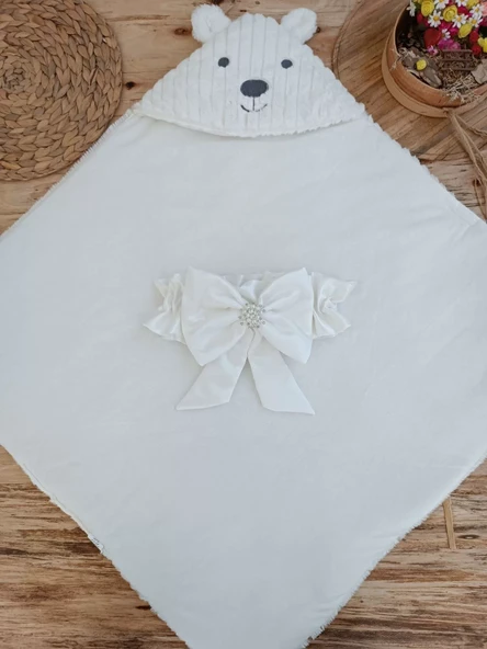 Yenidoğan Beyaz Wool Yün Kumaş Ayıcık Kulaklı Kundak Bebek Battaniyesi Beyaz - Resim 4