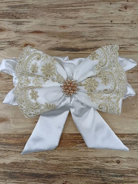 Sahra Taç Nakışlı İnci Ve Dantel Fiyonklu Çift Dantel Duvaklı Trilüks Kundak Bebek Battaniyesi Gold - Resim 5