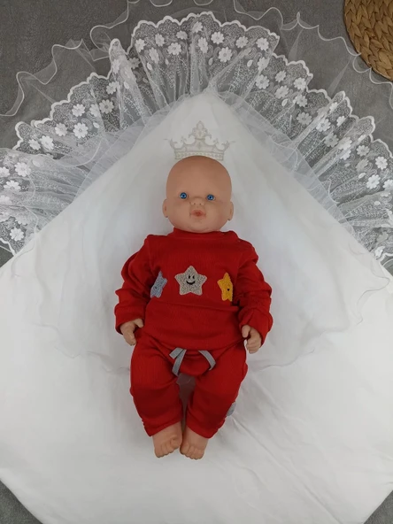 Yenidoğan Kumru Soft Cotton Taç Nakışlı Trilüks Kundak Bebek Battaniyesi Ekru - Resim 4