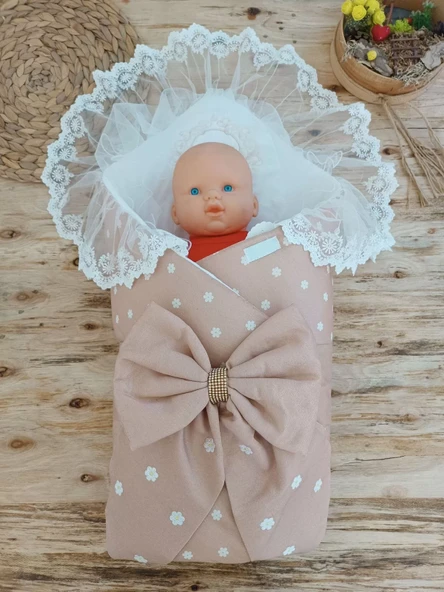 Yenidoğan Papatya Desenli Trilüks Unisex Kundak Bebek Battaniyesi Kahverengi - Resim 2