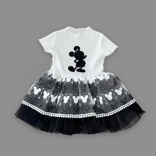1-2-3 Yaş Payetli Mickey Baskılı Brode Etekli Kız Bebek Elbisesi Siyah - 2