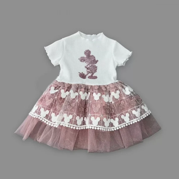 1-2-3 Yaş Payetli Mickey Baskılı Brode Etekli Kız Bebek Elbisesi Gül Kurusu - 2