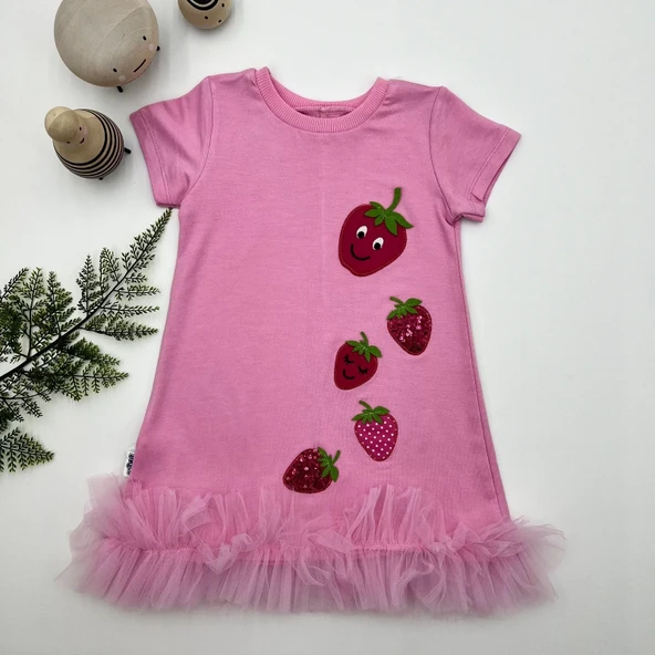 1-2-3 Yaş Payetli Çilekler Nakışlı Eteği Fırfırlı Jile Kız Çocuk Elbisesi Pembe ürün görseli 1