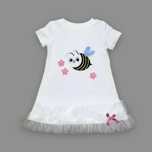 1-2-3 Yaş Arıcık Nakışlı Eteği Fırfırlı Jile Kız Çocuk Elbisesi Beyaz - 2