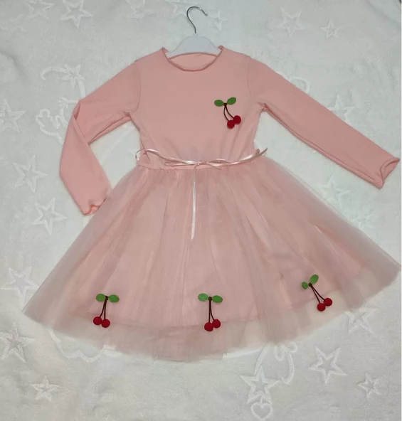 5-6-7 Yaş Kiraz Desenli Kurdela Kuşaklı Astarlı Uzun Kollu Kız Çocuk Tütü Elbise Somon - Resim 2