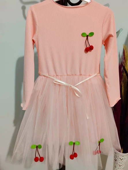 5-6-7 Yaş Kiraz Desenli Kurdela Kuşaklı Astarlı Uzun Kollu Kız Çocuk Tütü Elbise Somon - Resim 3