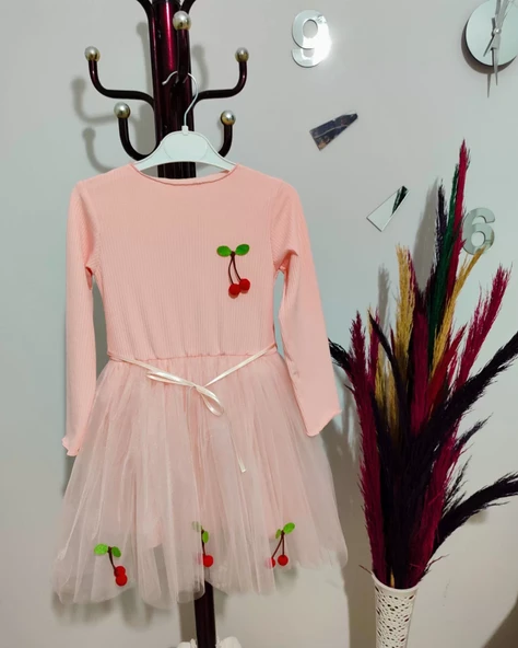 5-6-7 Yaş Kiraz Desenli Kurdela Kuşaklı Astarlı Uzun Kollu Kız Çocuk Tütü Elbise Somon - Resim 4