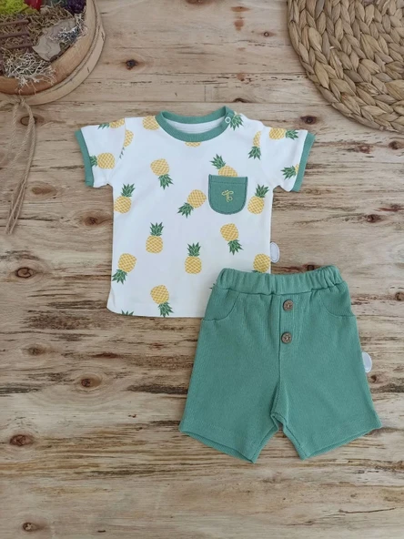 3-6 6-9 9-12 Ay Ananas Baskılı Şort Tişört 2 Li Kız Erkek Bebek Takımı Yeşil ürün görseli 1