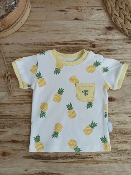3-6 6-9 9-12 Ay Ananas Baskılı Şort Tişört 2 Li Kız Erkek Bebek Takımı Sarı - Resim 3