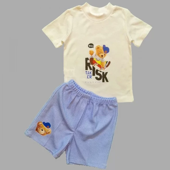 1-2-3 Yaş Kaykaycı Ayı Baskılı Şortlu Kısa Kollu Tişört 2li Erkek Bebek Takımı Ekru - Resim 2