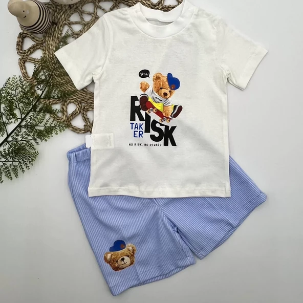 1-2-3 Yaş Kaykaycı Ayı Baskılı Şortlu Kısa Kollu Tişört 2li Erkek Bebek Takımı Ekru ürün görseli