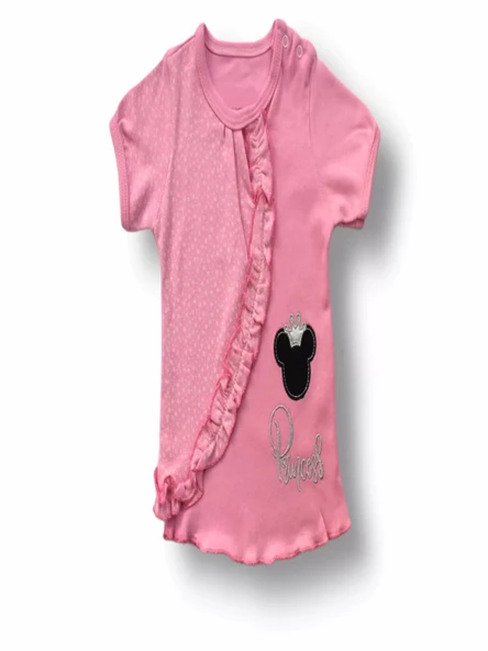 3-6 6-9 9-12 12-18 Ay Princess Taçlı Mickey Nakışlı Şort Tişört 3lü Kız Bebek Takımı Pembe - Resim 2