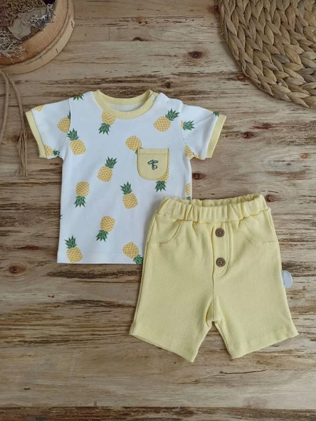 3-6 6-9 9-12 Ay Ananas Baskılı Şort Tişört 2 Li Kız Erkek Bebek Takımı Sarı - Resim 2