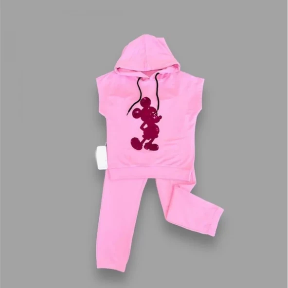 3-4-5 Yaş Kapşonlu Payetli Mickey Desenli Kısa Kol 2li Kız Erkek Çocuk Takımı Pembe - Resim 2