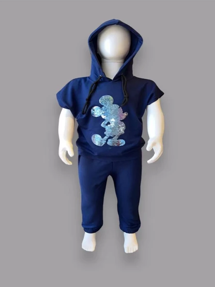 3-4-5 Yaş Kapşonlu Payetli Mickey Desenli Kısa Kol 2li Kız Erkek Çocuk Takımı Lacivert - Resim 3