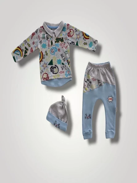 6-9 12-18 18-24 Ay Power Kedi Nakışlı Uzun Kollu Sweat Şapkalı 3lü Kız Erkek Bebek Takımı Mavi ürün görseli