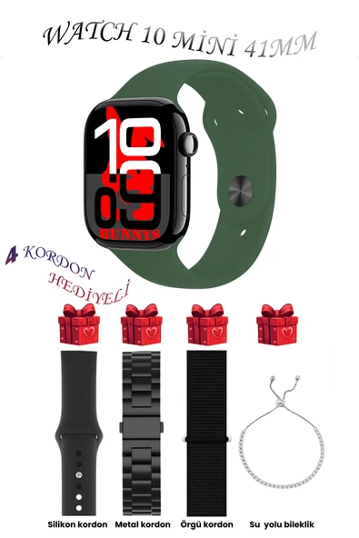 Apple iPhone 16 PRO MAX Uyumlu Haki Akıllı Saat Watch 10 Mini Kordon Hediyeli AMOLED EKRAN 41MM