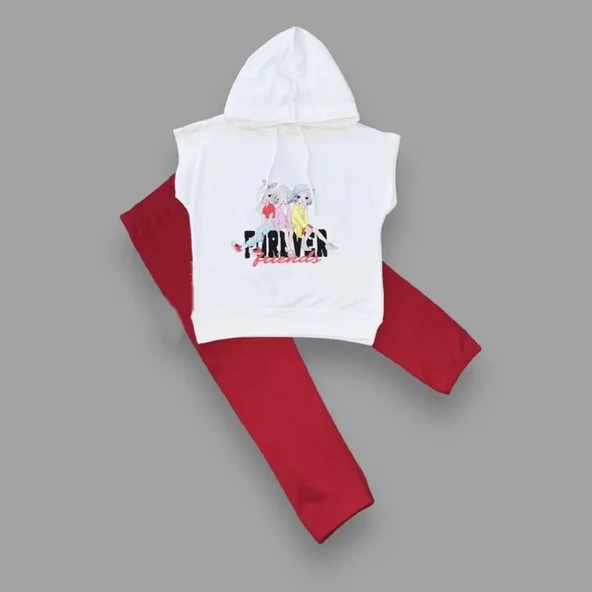 3-4-5 Yaş Forever Cici Kızlar Baskılı Kapşonlu 2li Kız Çocuk Takımı Kırmızı - 2