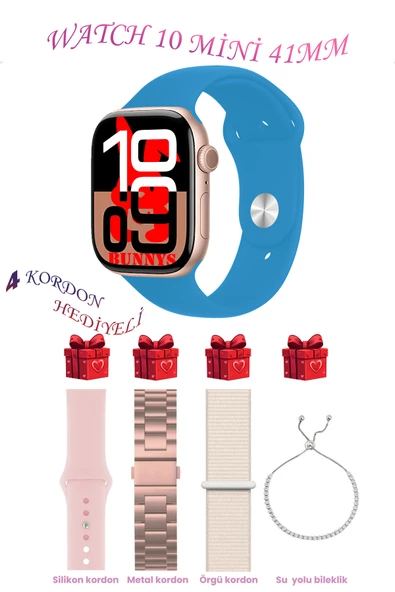 Apple iPhone 11 Pro Max Uyumlu Açık Mavi Akıllı Saat Watch 10 Mini Kordon Hediyeli AMOLED EKRAN 41MM