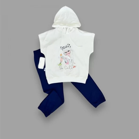 3-4-5 Yaş Kapşonlu Sevimli Kız Baskılı Kısa Kolu 2li Kız Erkek Çocuk Takımı Lacivert ürün görseli 1