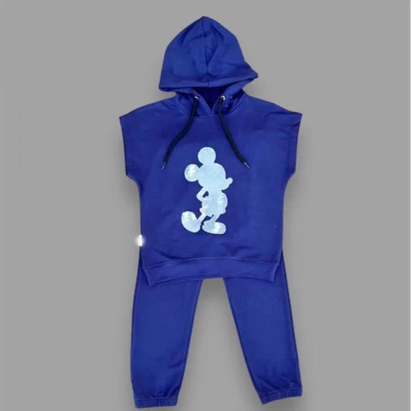 3-4-5 Yaş Kapşonlu Payetli Mickey Desenli Kısa Kol 2li Kız Erkek Çocuk Takımı Lacivert - Resim 2