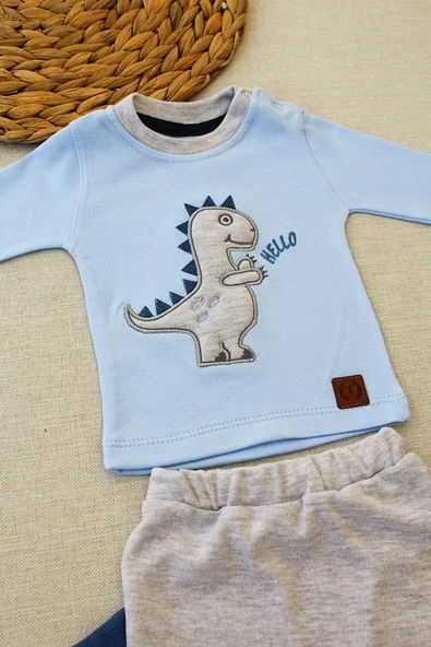 3-6 6-9 9-12 Ay Minik Dino Nakışlı Şapkalı Uzun Kollu Sweat 3lü Kız-erkek Bebek Takımı Mavi - Resim 2