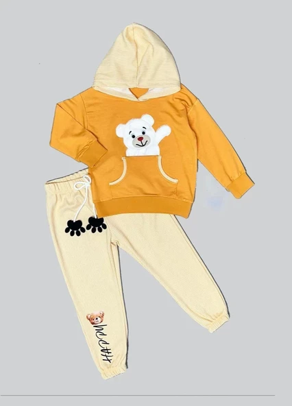 2-3-4 Yaş Pelüş Ayı Desenli Kapşonlu Uzun Kollu Penye Sweat 2li Erkek Çocuk Takımı Turuncu ürün görseli