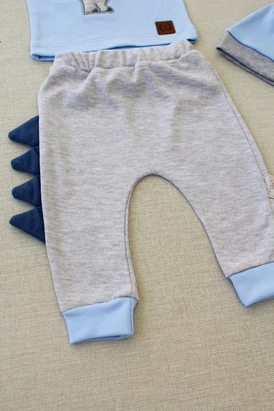 3-6 6-9 9-12 Ay Minik Dino Nakışlı Şapkalı Uzun Kollu Sweat 3lü Kız-erkek Bebek Takımı Mavi - Resim 3