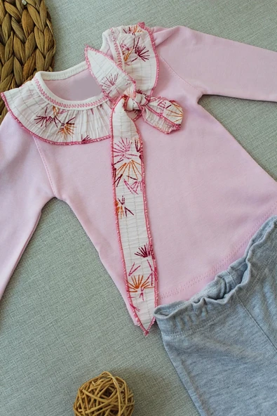 3-6 6-9 9-12 Ay Matmazel Yaka Fırfır Detaylı Bandanalı Uzun Kollu Sweat 3lü Kız Bebek Takımı Pembe - Resim 2
