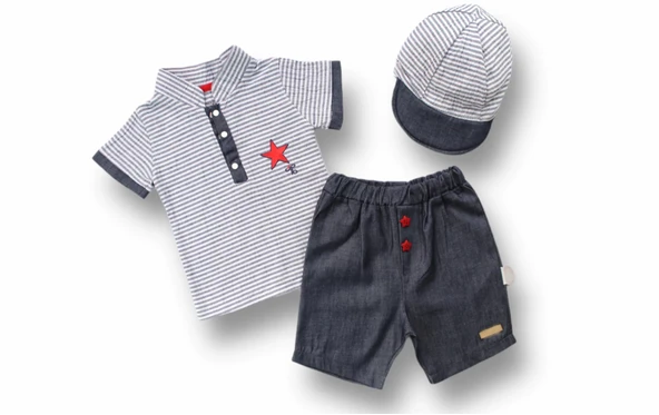 6-9 9-12 12-18 Ay Vip Yaka Şapkalı Kısa Kollu Sweat 3lü Erkek Bebek Takımı Gri ürün görseli