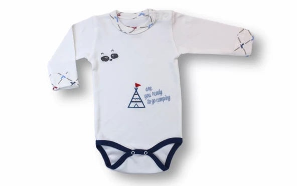 3-6 6-9 9-12 Ay My Camping Nakışlı Bandajlı Uzun Kollu Zıbınlı 3lü Erkek Bebek Takımı Ekru - Resim 2