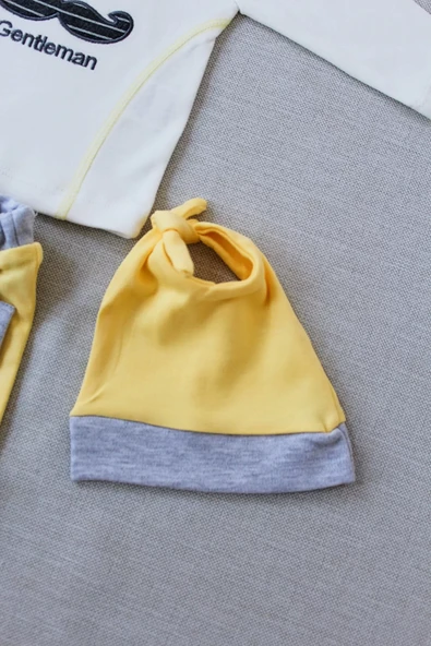 3-6 6-9 9-12 Ay Gentleman Erkek Nakışlı Şapkalı Uzun Kollu Sweat 3lü Erkek Bebek Takımı Sarı - Resim 3