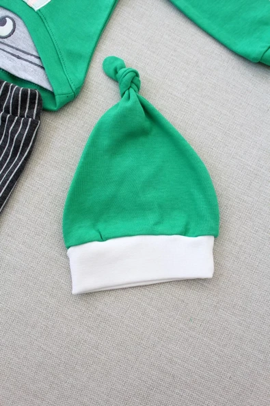 3-6 6-9 9-12 Ay Şımarık Tavşan Nakışlı Şapkalı Uzun Kollu Sweat 3lü Kız-erkek Bebek Takımı Yeşil - Resim 4